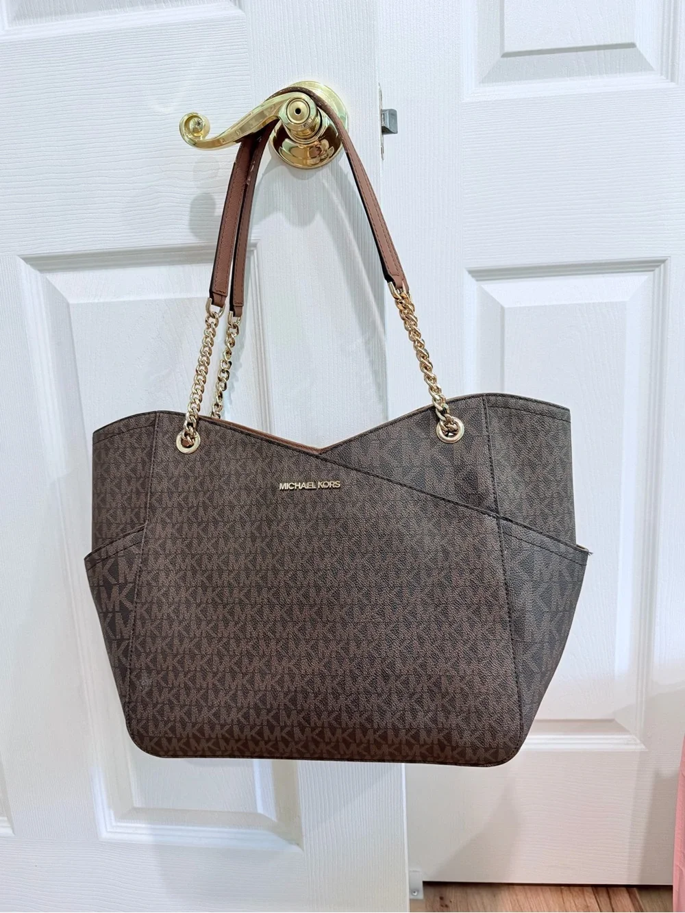 Michael Kors Jet Set Brown MK Logo Chain-Handle Tote